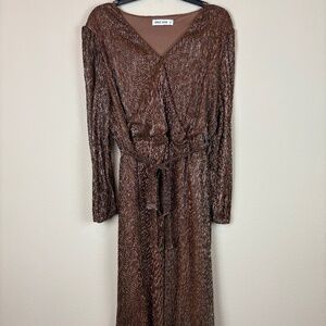 Grace Karin Surplice V-Neck Metallic Brown/Copper Shimmer Sheer Lined Midi Dress